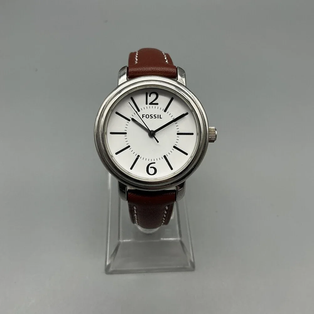 Fossil ES-2108 Womens Watch 32mm Classic White Dial Brown Leather New Battery